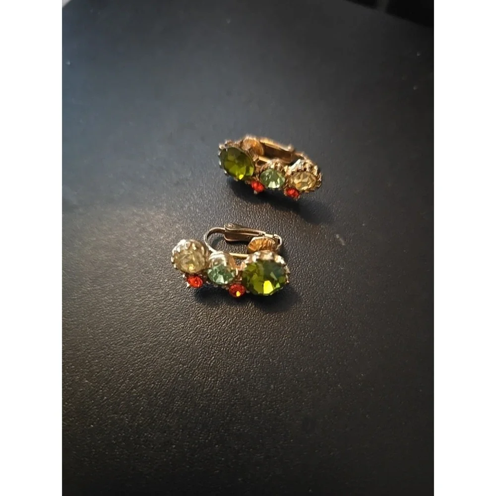 Vintage~ Clip Earrings ~Goldtone ~Various Color Stones - Picture 1 of 4
